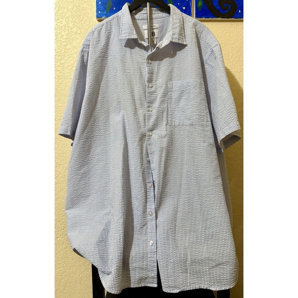 Harbor Bay HB Button Up Shirt Mens 3XLTCool & Dry Blue White Striped Seer Sucker